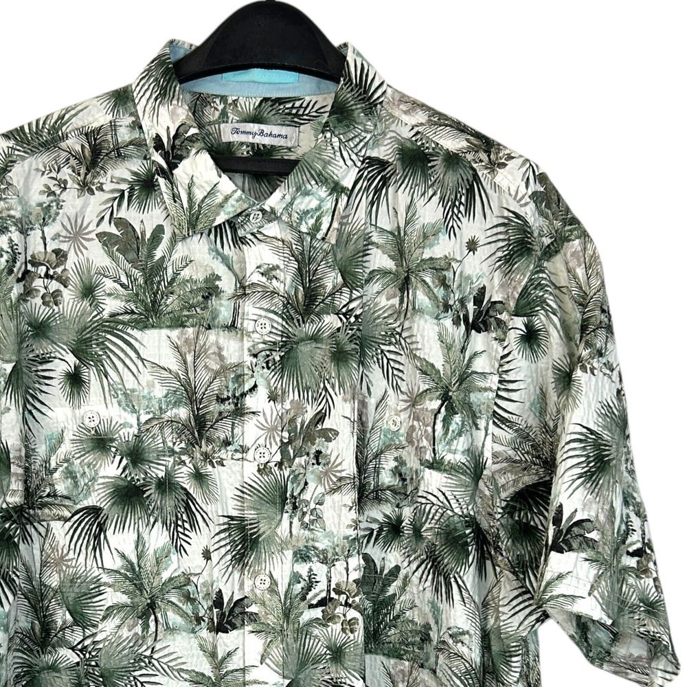 Tommy Bahama Mens XL Cotton Stretch Seersucker Aloha Hawaiian Palm‎ Trees Green